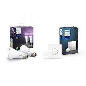 Philips Hue White and Color Ambiance – Paquete de 2 bombillas LED inteligentes E27, luz blanca y de colores, compatible con Bluetooth y Zigbee + Botón/Interruptor Smart Button
