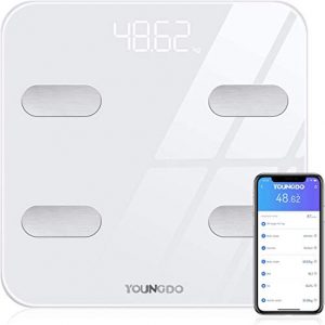 YOUNGDO Báscula Grasa Corporal 30*30, Báscula de Baño, Báscula Inteligente Bluetooth hasta 180 kg con 19 Datos del Cuerpo para 8 Usuarios (Peso, Grasa, Músculo, Agua, etc.) Blanco