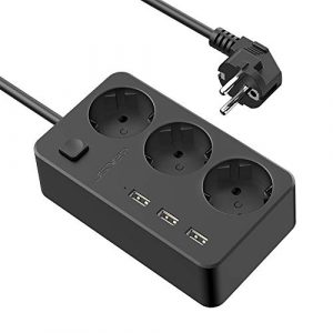 JSVER Regleta Enchufe USB con 3 Puertos de USB y 3 Tomas, Regletas electricas con Interruptor Alargador Enchufe con Cubierta de Seguridad para Niños para Viajes en Casa, Negro