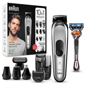 Braun MGK7220 – Recortadora 10 en 1, Máquina recortadora de barba, set de depilación corporal y cortapelos para hombre, color gris plateado