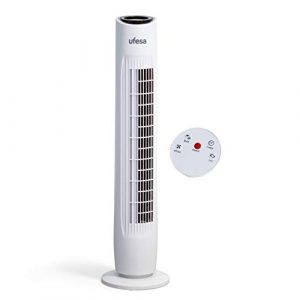 Ufesa TW1500 – Ventilador de torre, 45W, 3 velocidades, Temporizador de 2 horas, Mando a distancia, Oscilación izquierda/derecha, Asa de fácil transporte