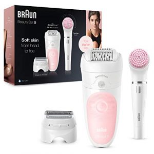 Braun Silk-épil Beauty Set 5 5-895 para Principiantes 5 En 1 – Depiladora Mujer, Inalámbrica Wet&Dry, Kit de Depilación, Rasuradora, Limpieza y Exfoliación para Rostro y Cuerpo, Blanco/Rosa