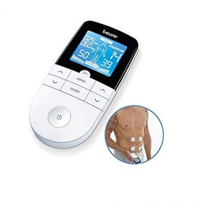 Beurer EM49 – Electroestimulador digital, para aliviar el dolor muscular y el fortalecimiento muscular, masaje, EMS, TENS, pantalla LCD azul, 2 Canales, 4 electrodos autoadhesivos, color blanco