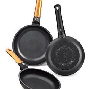 BRA Efficient Orange – Set de 3 sartenes, aluminio fundido con antiadherente tricapa libre de PFOA, para todo tipo de cocinas incluida inducción y vitrocerámica, aptas para lavavajillas, 18-22-26 cm