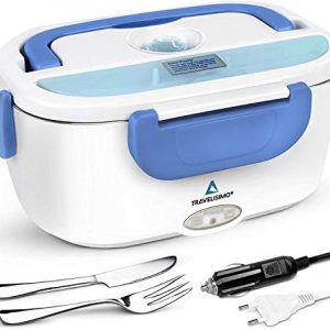 TRAVELISIMO Fiambrera Electrica 2 en 1 para Coche Camión y Trabajo 220V+12V, Calienta Comida en Minutos, Fiambrera Termica Termo Comida Caliente Acero Inoxidable 1.5L 40W, Tupper Electrico Portatil