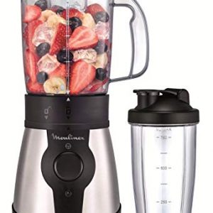 Moulinex Blend&Go LM1B1D10 Batidora de vaso de 300 W, incluye botella de 750 ml transportable, sistema de 4 cuchillas, acabados en acero inoxidable