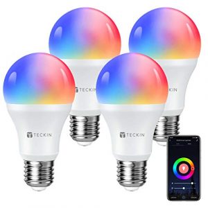 TECKIN Bombilla LED inteligente con Luz Cálida WiFi 2800k-6200k ajustable y lámpara multicolor Funciona conAlexa,Móvil Google Home, E27 equivalente 7.5W bombilla de cambio de color, 4 paquetes