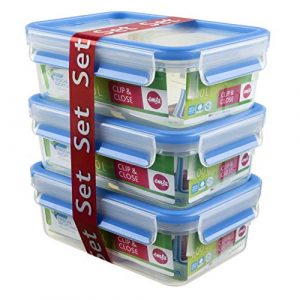 Emsa Clip&Close – Set de 3 Conservadores Herméticos de Plástico Rectangular de 1L, higiénico, no retiene olores ni sabores 100% libre de BPA