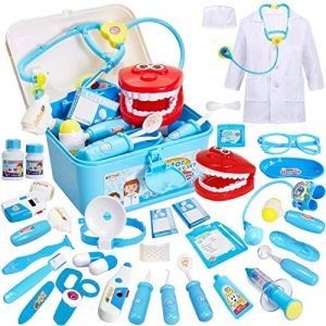 Buyger 35 Piezas Maletin Medicos Doctora Juguete Disfraz Doctora Kit Medicos Juego Accesorios Juego de rol Cumpleaños Regalos para Niñas Ninos 3 4 5 6 Años (Azul)