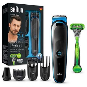 Braun MGK3042 7 en 1 Recortadora todo en uno, Máquina recortadora barba y cortapelos, recortadora para pequeños detalles, color negro/azul