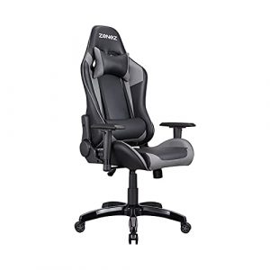 ZENEZ Silla Gaming, Silla Gamer Ergonómica con Soporte de Masaje Lumbar y Cojín para el Cuello, Silla Escritorio de Cuero PU Ajustable a 180°para Videojuegos (Gris)