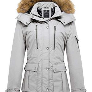 Wantdo Abrigo Cálido Antiviento Chaquetas de Algodón Invierno al Aire Libre Parka Gruesa Capucha Desmontable con Pelo Chaquetas de Lana Resistente al Agua Mujer Gris Claro X-Large