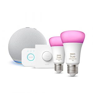 Echo Dot (4.ª generación), Blanco + Philips Hue Colour Starter Kit (E27), compatible con Alexa – Kit de inicio de Hogar digital