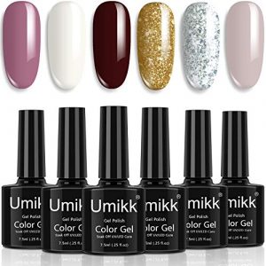 Umikk Juego de esmaltes de uñas en gel 6 colores taro morado blanco burdeos rojo champán dorado plateado con purpurina gris desnudo 7,5 ml remojo de LED UV para manicura pedicura