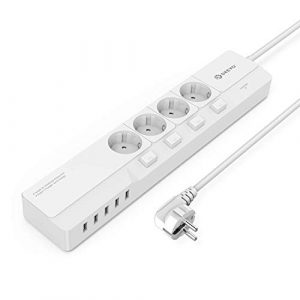 DREVO DP45 Regleta Enchufes de 4 Tomas Regleta Enchufes con 5 USB Puertos con Alargadora Cable de 1.5m con Múltiples Protección – Carga para Samsung IPad Iphone Tablets y Otros Dispositivos, Blanco