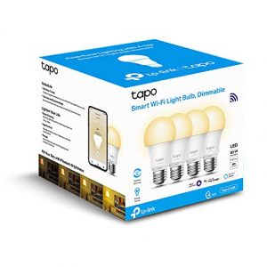 TP-Link TAPO L510E (4-Pack) – Bombilla LED Inteligente, Bombilla WiFi sin necesidad de Hub, Blanco Cálido 2700K, Regulable,E27, 8.7W/ 806lm, Compatible Alexa, Echo y Google