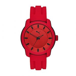 PUMA Reloj para hombre PUMA 2, tamaño de caja de 45 mm, movimiento de tres manos, correa de silicona, Rojo