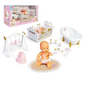 los Barriguitas – Set de Accesorios de Estilo clásico y muñeco recién Nacido, Incluye un móvil y mantita para bebés, una bañera Blanca y una cunita, para niños y coleccionistas, Famosa (700017017)