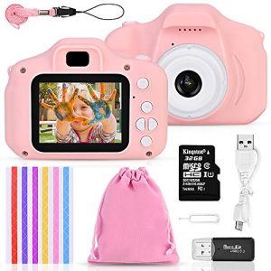 Faburo Set de Cámara para Niños, Juguetes de Cámara para Niños, Cámara Infantil con Tarjeta de Memoria Micro SD 32GB, Cámara Digital para Niños Niñas Regalos de Cumpleaños, 1080P, Rosa