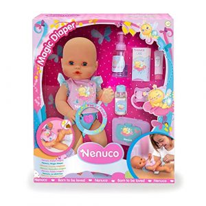 Nenuco – Pañal mágico, muñeco de Cuerpo Duro de 35 cm, con pañal Interactivo Que se Ilumina para los cuidados del bebé, con Accesorios como toallitas y Chupete, Juguete +2 años, Famosa (700017205)