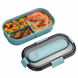 ZoneYan Caja Bento con Cubiertos, Fiambrera Caja de Almuerzo para Microondas, Bento Box con 3 Compartimentos y Cubiertos, Cuchara Tenedor Lonchera, Caja de Bento(Azul y Rosa) (Azul)