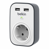 Belkin BSV103 SurgeCube – Protección contra sobretensiones con un zócalo y 2 puertos de carga USB con un total de 2.4 A, blanco