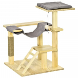 Pawhut Árbol Rascador para Gatos de Madera Altura 65 cm con Plataformas Poste de Yute Hamaca Escalera Cojín Extraíble de Tela Oxford y Juguete Colgante para Interior y Exterior Natural