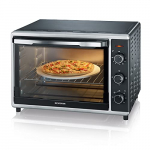 SEVERIN Horno tostador con función de convección, mini horno tostador con grill y bandeja, horno pequeño con piedra para pizza y asador giratorio, 1800 W, 42 L, negro, TO 2058, Negro Y Plateado