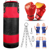 Odoland Saco de Boxeo Set 7-In-1 para Niños Sin Relleno, 2 pies/60 cm Saco de Boxeo Pesado con Guantes de Boxeo de 6 oz y Mangas Protectoras para Manos Cadenas para Colgar y Gancho, Rojo