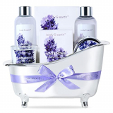 Set de Regalo Mujer, Body&Earth Cestas Regalo Mujer 7 Piezas Lavanda con Baño de Burbujas, Gel de Ducha, Vela Perfumada, Sales de Baño, Loción Corporal, Jabón Pack Mujer Regalo para Cumpleaños Navidad