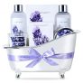 Set de Regalo Mujer, Body&Earth Cestas Regalo Mujer 7 Piezas Lavanda con Baño de Burbujas, Gel de Ducha, Vela Perfumada, Sales de Baño, Loción Corporal, Jabón Pack Mujer Regalo para Cumpleaños Navidad
