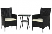 Outsunny Conjunto de Muebles para Jardín Juegos de Muebles de Ratán Incluye 1 Mesa y 2 Sillones con Cojines Estructura de Metal para Terraza Patio Negro