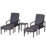 Outsunny Conjunto Mueble Exterior Apto Jardin Patio Terraza Balcón Incluye 2 Sillas 2 Taburetes 1 Mesa para Café con Cojín Suave 5 Niveles en Respaldo Reclinable Gris y Negro 50x50x82/77/70/60/50cm