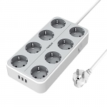 TESSAN Regletas Enchufes con USB, Alargador Enchufes con 8 Enchufes y 3 USB Tomas, Base Enchufe Múltiple Compatible con Phone Pad, Multiple Enchufes para Casa, Oficina, 2m, Blanco y Gris