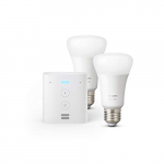 Echo Flex + Philips Hue White Pack de 2 bombillas LED inteligentes, compatible con Bluetooth y Zigbee, no se requiere controlador