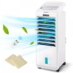 Aigostar Koud – Climatizador evaporativo con mando a distancia, 55W, oscilante, 3 modos y 3 velocidades, temporizador 7 h, humidificador de aire, 2 cajas hielo, depósito 5 l.