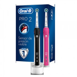 Oral-B PRO 2 CrossAction Cepillos de Dientes Eléctricos (Pack de 2) con Mangos Recargables, Tecnología Braun y 2 Cabezales de Recambio, Temporizador Integrado y Control de Precisión – Rosa/Negro
