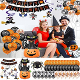 49 Piezas Halloween Decoracion Globos,DUTISON Halloween Decoracion Casa Banner de Feliz Halloween / 34 Globos / 12 Colgante de Espiral / Globo de Calabaza de Gato Negro / Globo de Araña