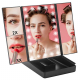 GERUIKE Espejo de Maquillaje con 2X 3X Lupa, Espejo Cosmético con Luz LED, Espejo de Mesa Giratorio 180°, 3 Lados Espejo, Fuente de Alimentación Dual, para Maquillaje y Afeitado