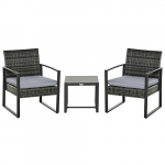 Outsunny Conjunto de Muebles de Ratán de Jardín 3 Piezas Set de Comedor con 1 Mesa 42,5x40x39 cm 2 Sillones 63x57x76 cm Cojín Acolchado para Patio Terraza Balcón Gris