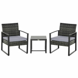 Outsunny Conjunto de Muebles de Ratán de Jardín 3 Piezas Set de Comedor con 1 Mesa 42,5x40x39 cm 2 Sillones 63x57x76 cm Cojín Acolchado para Patio Terraza Balcón Gris
