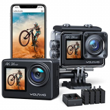 WOLFANG Cámara Deportiva GA200 4K 24MP Doble Pantalla WiFi Cámara de Video, Cámara Subacuática 40M, 170° Gran Angular Camara, Control Remoto EIS Mejorado, 4x1050mAh Baterías, Multi Accesorios
