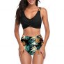 Conjunto de Bikini Mujer Trajes de Baño, Cuello Halter Vendaje Acolchado Push Up Sujetador + Talle Alto Hoja Impresión Atado Lateral Hollow out Tanga Braguitas Sexy Dos Piezas Bañador (A Negro, S)