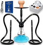 Cookah NUEVO Cachimba 2 Mangueras & 2 Conexiones & 2 Boquillas, Shisha más Fácil de Tirar, Juego Completo de Pipa de Agua con Adaptador Corte 18/8, Cuenco de Barro, Alicates, CK02 Negro