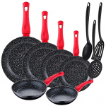 San Ignacio Paquete 6 sartenes Energy diámetro 18/20/22/24/26/28 cm, alumino forjado, negro + Set 3 utensilios de cocina en nylon
