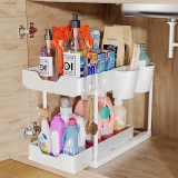 Organizador Bajo Fregadero Deslizable 2 Niveles, Estante Organizador Cocina de Gran Capacidad con 2 Cesta Colgante, 4 Ganchos, Deslizante Almacenaje Debajo Fregadero para Cocina, Baño, hogar, Blanco