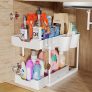Organizador Bajo Fregadero Deslizable 2 Niveles, Estante Organizador Cocina de Gran Capacidad con 2 Cesta Colgante, 4 Ganchos, Deslizante Almacenaje Debajo Fregadero para Cocina, Baño, hogar, Blanco