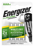 Energizer – Pilas Recargables Accu Recharge Universal 500 mAh HR03 AAA, 4 Pilas, Plata