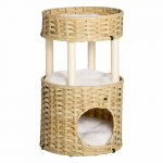 Pawhut Árbol Rascador para Gatos de Ratán Torre de Gatos Mediano con Cueva 2 Camas Postes de Sisal Natural y Cojines Lavables de Felpa Suave Ø40,5×69 cm Natural