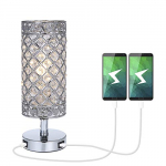 Lámpara de Mesa de Cristal,Lámpara Mesilla de Noche, Doble USB Recargable, Pantalla de Lámpara Plateada con Cristal K5,para Sala de Estar, Dormitorio, Comedor